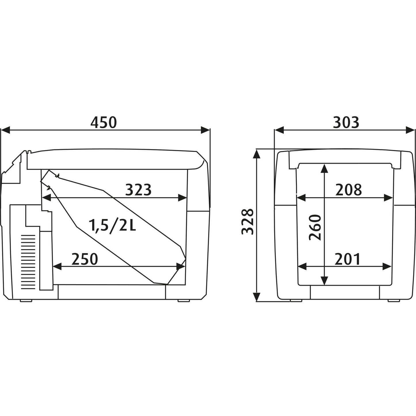 Dimensions diagram of Dometic TCX 14 portable fridge, showing size specifications for compact storage and fit.