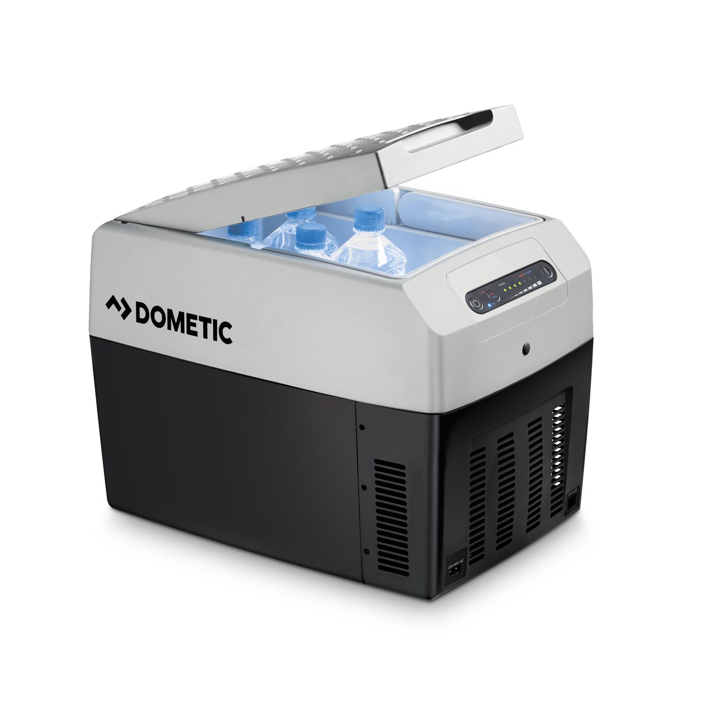 Dometic TCX 14 portable fridge with bottles inside, compact design for campervans and outdoor use.