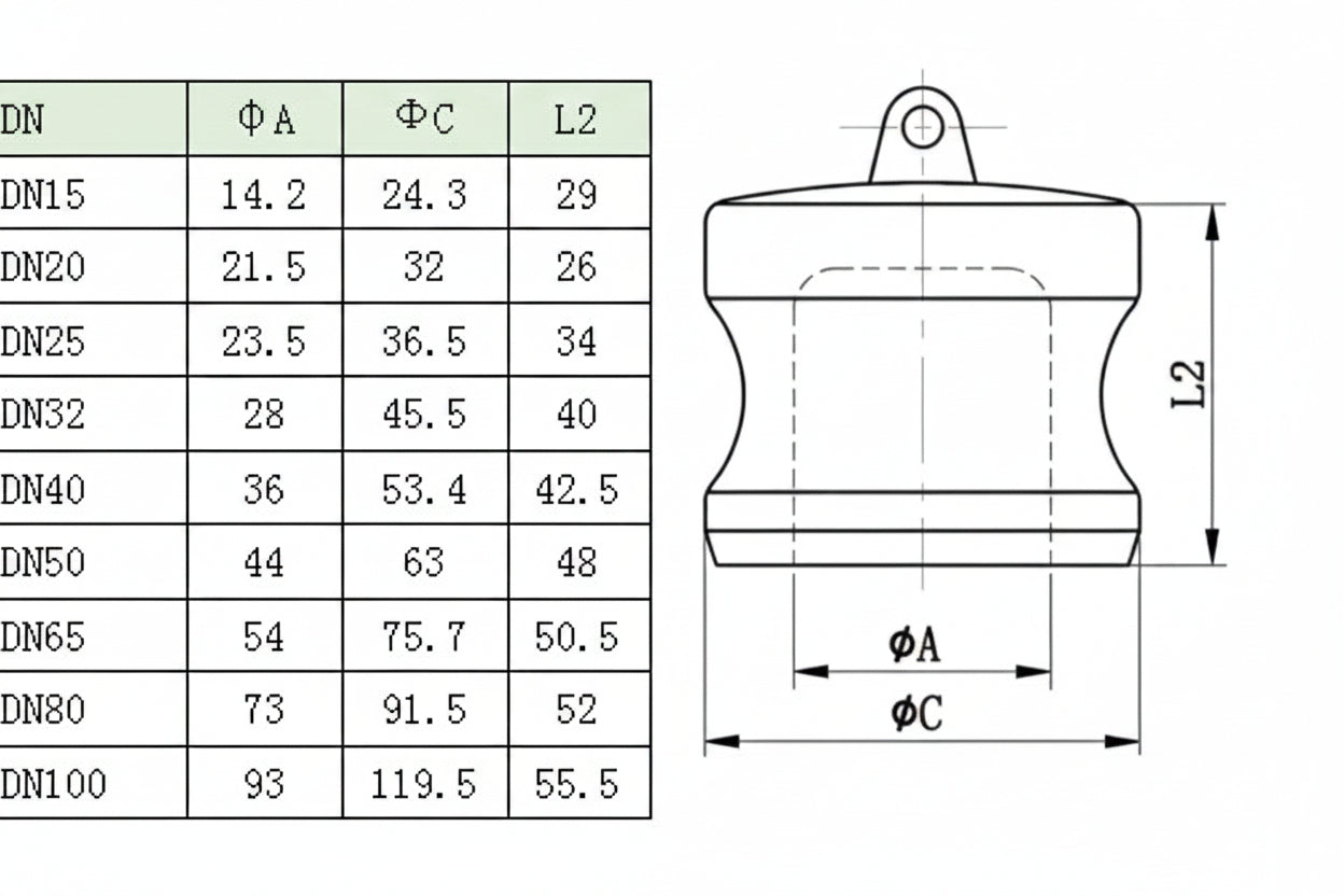 Technical dimensions diagram for Vanlifer DN25 25mm Camlock Type DP nylon dust plug showing internal diameter 23.5mm external diameter 36.5mm and height 34mm.