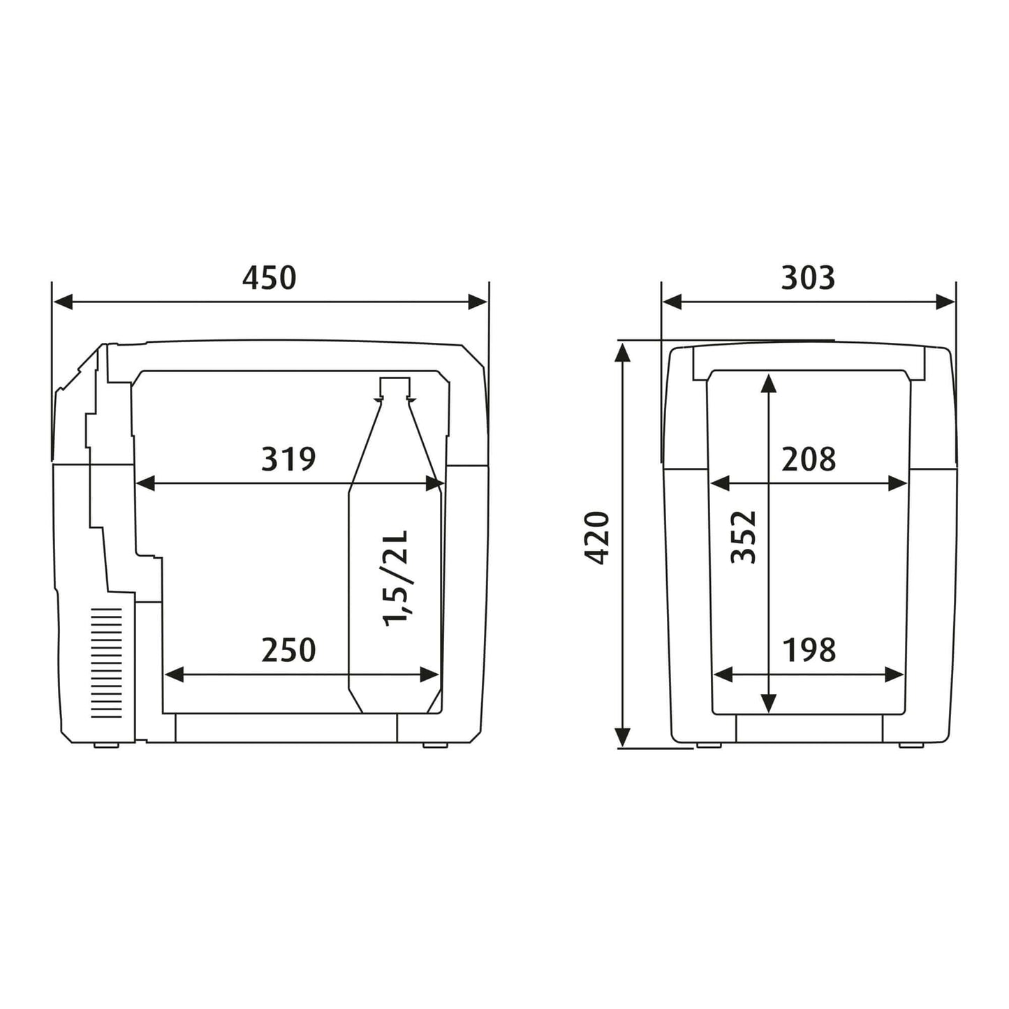 Technical drawing of Dometic TCX 21 Portable Fridge showing dimensions and design features.