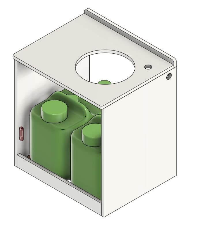 CAD rendering of Self Containment Plumbing Kit featuring a sink and two tanks inside cabinet for campervan conversions.