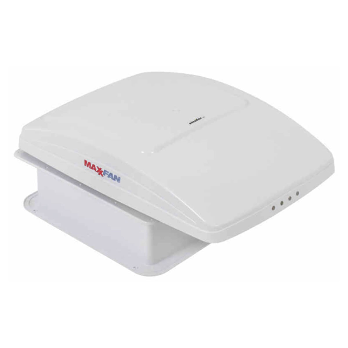 A white Maxxfan Deluxe RV ventilation system with a rain dome and remote control, showing the unit from a slightly elevated angle against a plain background.