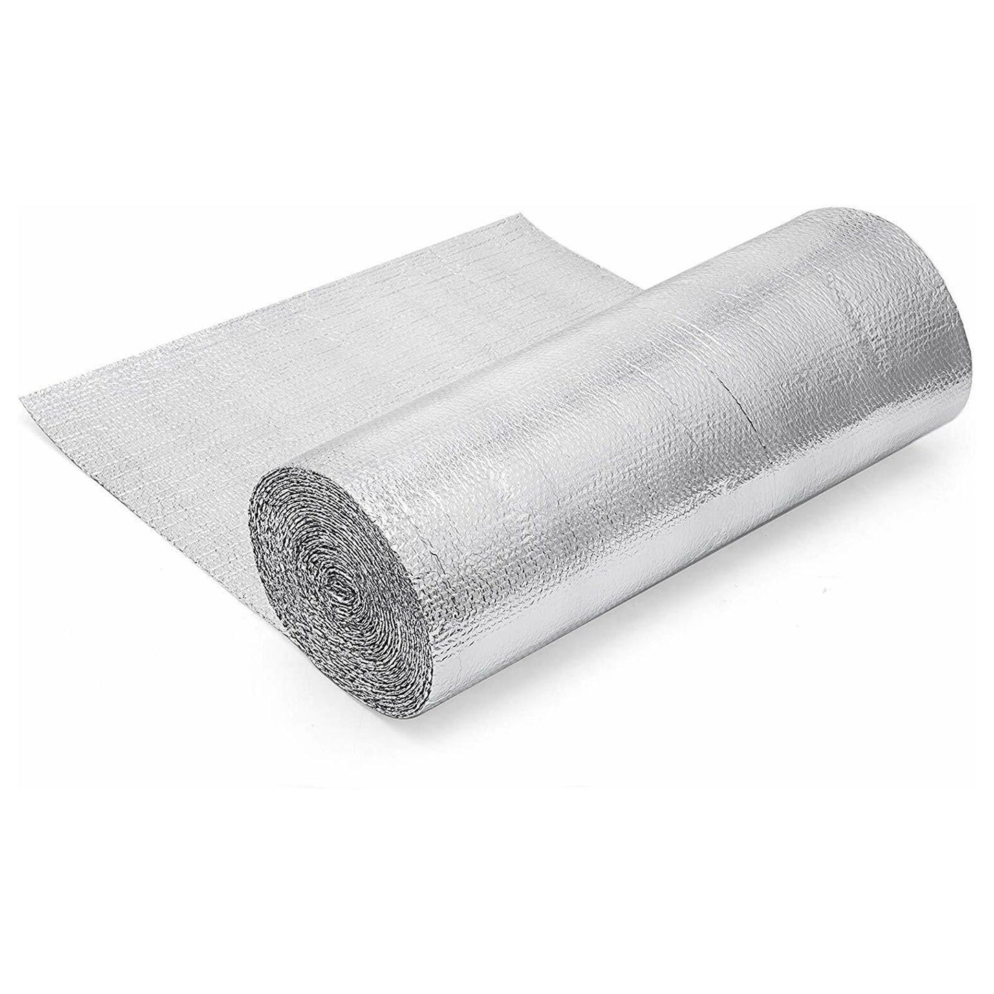 A roll of reflective foil insulation with bubble aluminium foil on a white background.