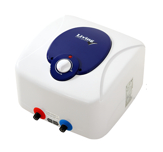 White and blue water heater with 'Living' brand on a white background