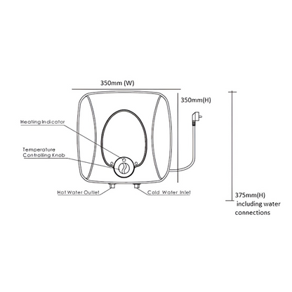 Technical diagram of a water heater with dimensions and features labeled