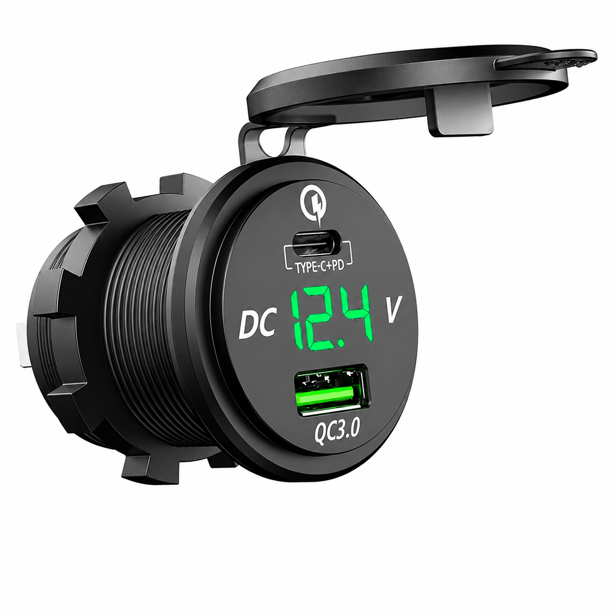 12V–24V panel mount USB QC 3.0 and USB-C charger socket with LED voltmeter for campervans and motorhomes