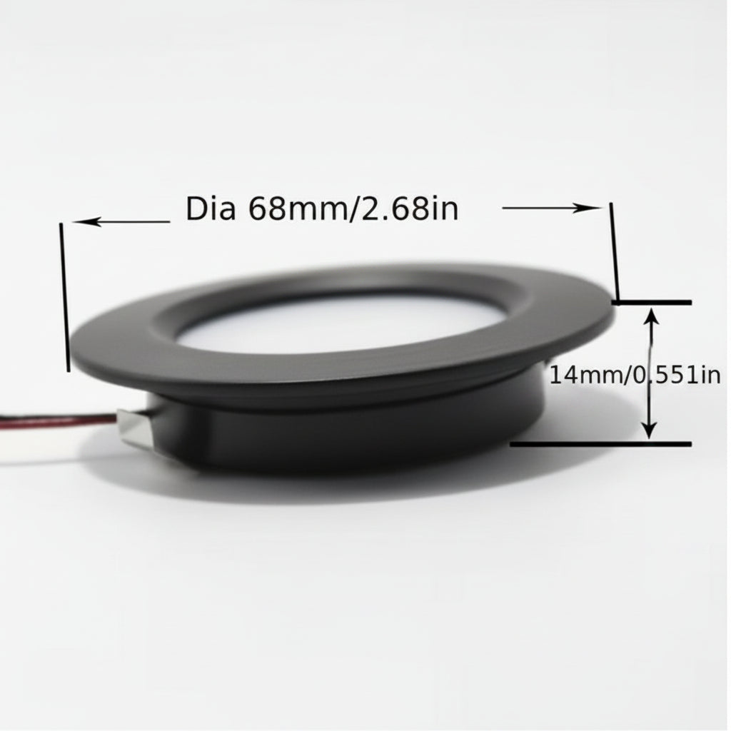 Dimensions of black 12V 3W LED ceiling down light showing 60mm diameter and 7mm profile