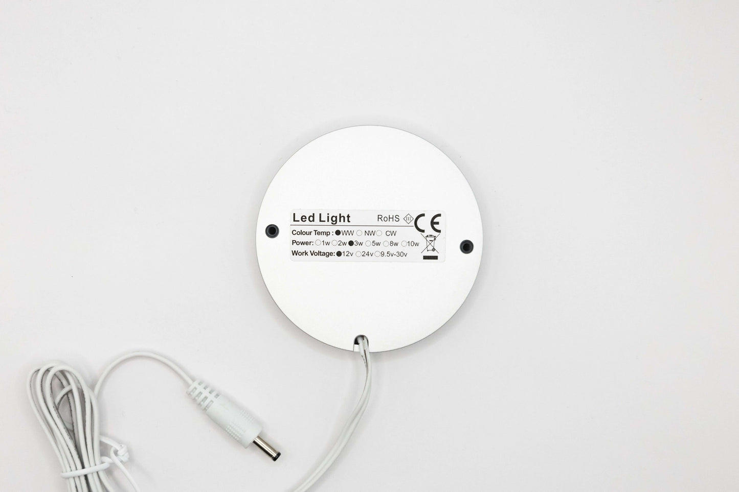 Rear view of Vanlifer 12V touch LED downlight showing 12V 2W warm white specifications