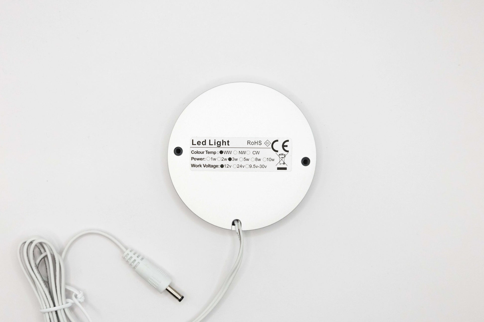 Rear view of Vanlifer 12V touch LED downlight showing 12V 2W warm white specifications