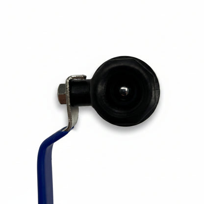End view of 15mm nylon female ball valve showing threaded connection and blue lever handle for caravan and motorhome water systems