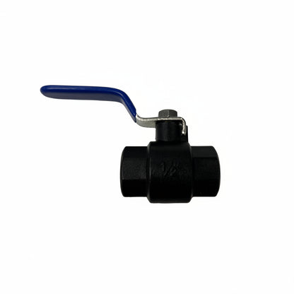 Front view of 15mm nylon ball valve with blue lever handle and female threaded connections for caravan and motorhome plumbing systems