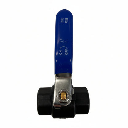 Front view of 15mm nylon female ball valve with blue long handle in closed position for caravan and motorhome plumbing systems