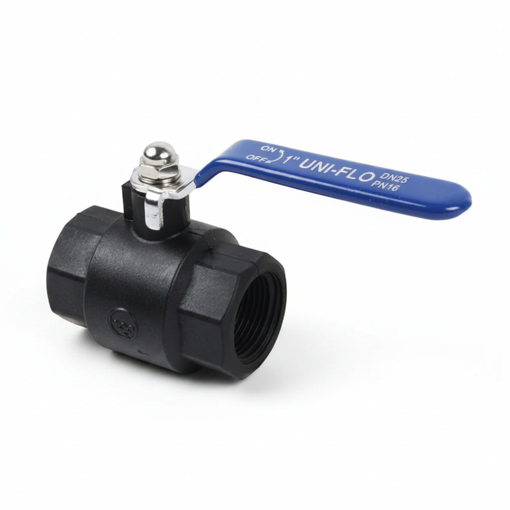 15mm nylon female long handle ball valve with blue lever handle and female threaded connections for caravan and motorhome water systems