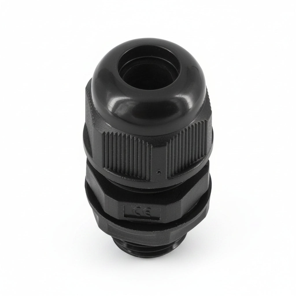 Black 16mm cable gland for campervan electrical and solar cable entry with waterproof IP68 seal.