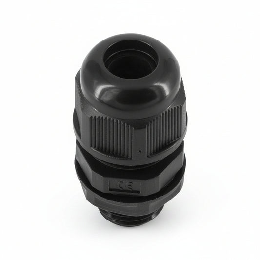 Black 16mm cable gland for campervan electrical and solar cable entry with waterproof IP68 seal.
