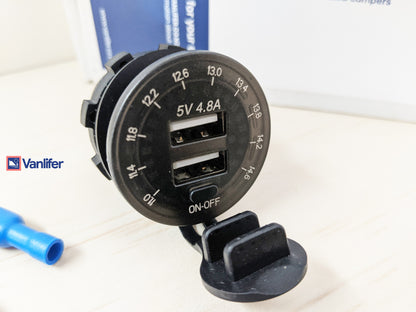 Vanlifer Dual USB QC3.0 Socket for campervan charging, compact design with dual ports for fast device charging.