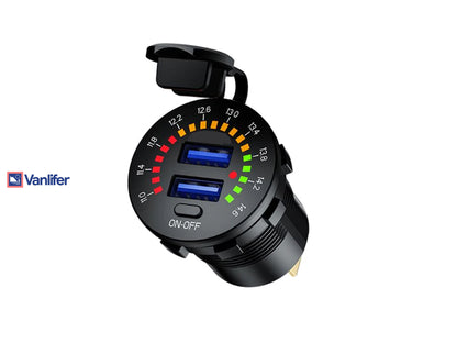 Vanlifer Dual USB QC3.0 socket for rapid charging in campervans, with indicator lights for voltage monitoring.