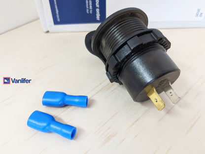 Vanlifer Dual USB QC3.0 socket with two blue connectors, designed for fast charging devices in campervans.