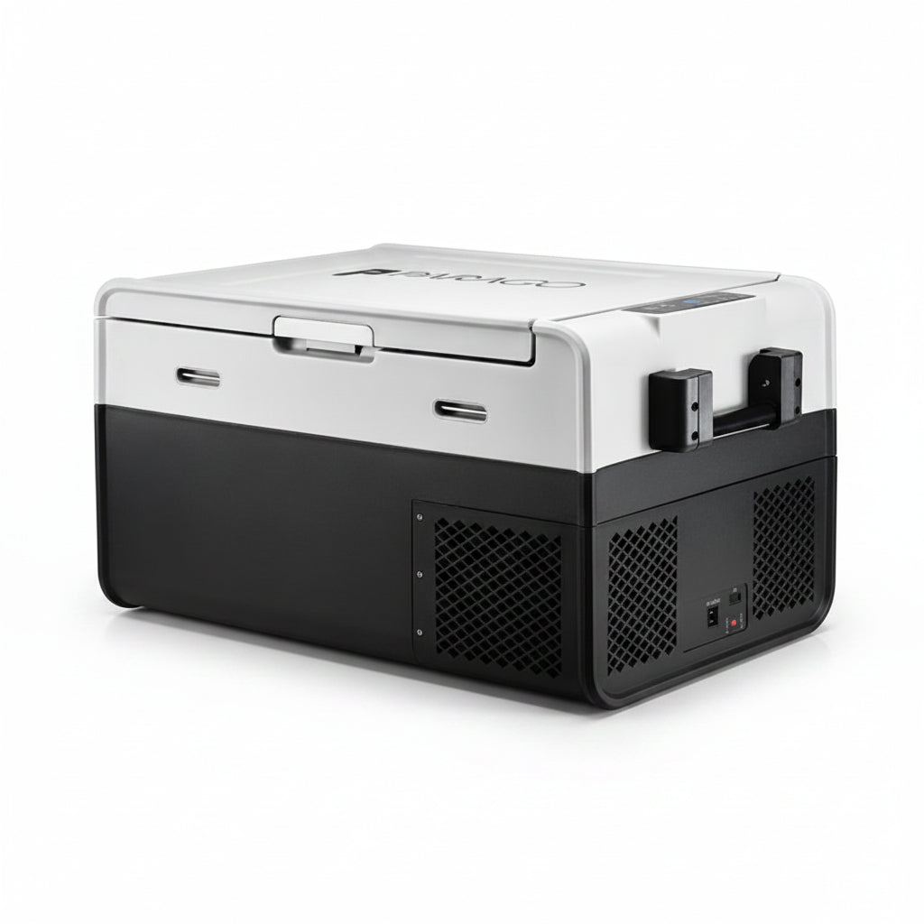 Portable refrigerator with black and white design on a white background