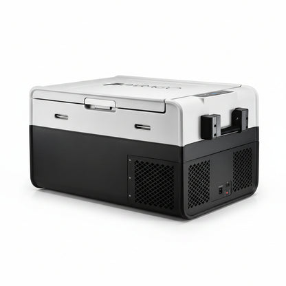 Portable refrigerator with black and white design on a white background