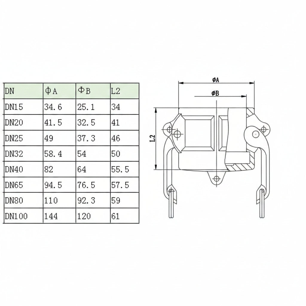 Technical drawing and dimensions of 25mm Camlock Type DC nylon dust cover showing DN25 measurements and sizing specifications.