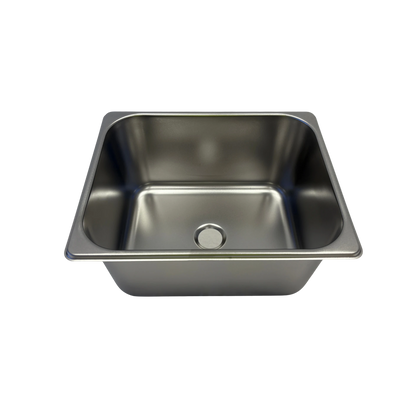 Stainless steel kitchen sink on a white background