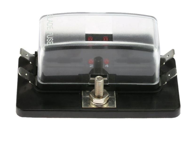 Black electrical fuse box with clear cover on a white background
