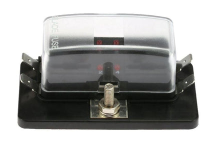 Black electrical fuse box with clear cover on a white background