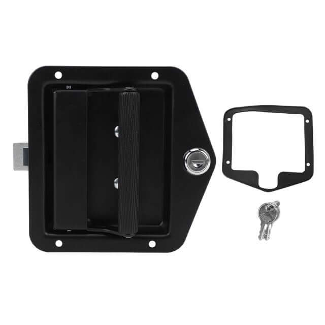 Caravan Door Latch Black door lock assembly with key on a white background