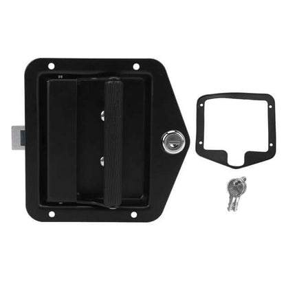 Caravan Door Latch Black door lock assembly with key on a white background