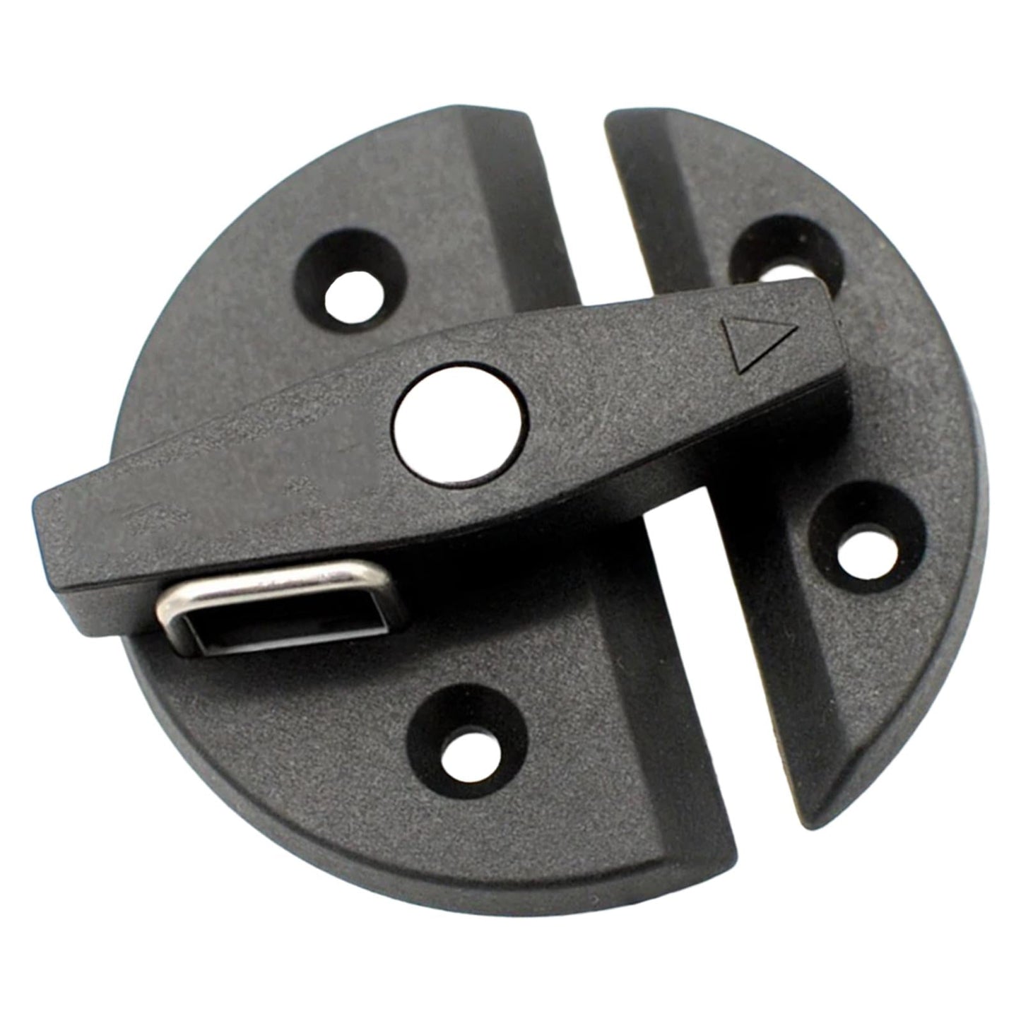 Angled view of 59mm black nylon twist latch cabinet lock showing locking mechanism and mounting holes