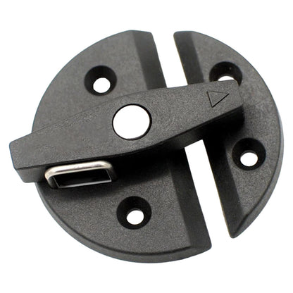 Angled view of 59mm black nylon twist latch cabinet lock showing locking mechanism and mounting holes