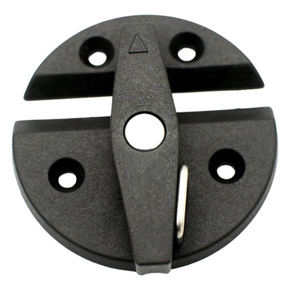 Close-up detail of 59mm black nylon twist latch cabinet lock highlighting durable construction