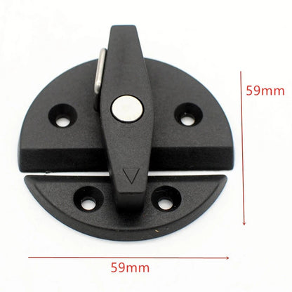 Dimension diagram of 59mm black nylon twist latch cabinet lock for campervan furniture installation