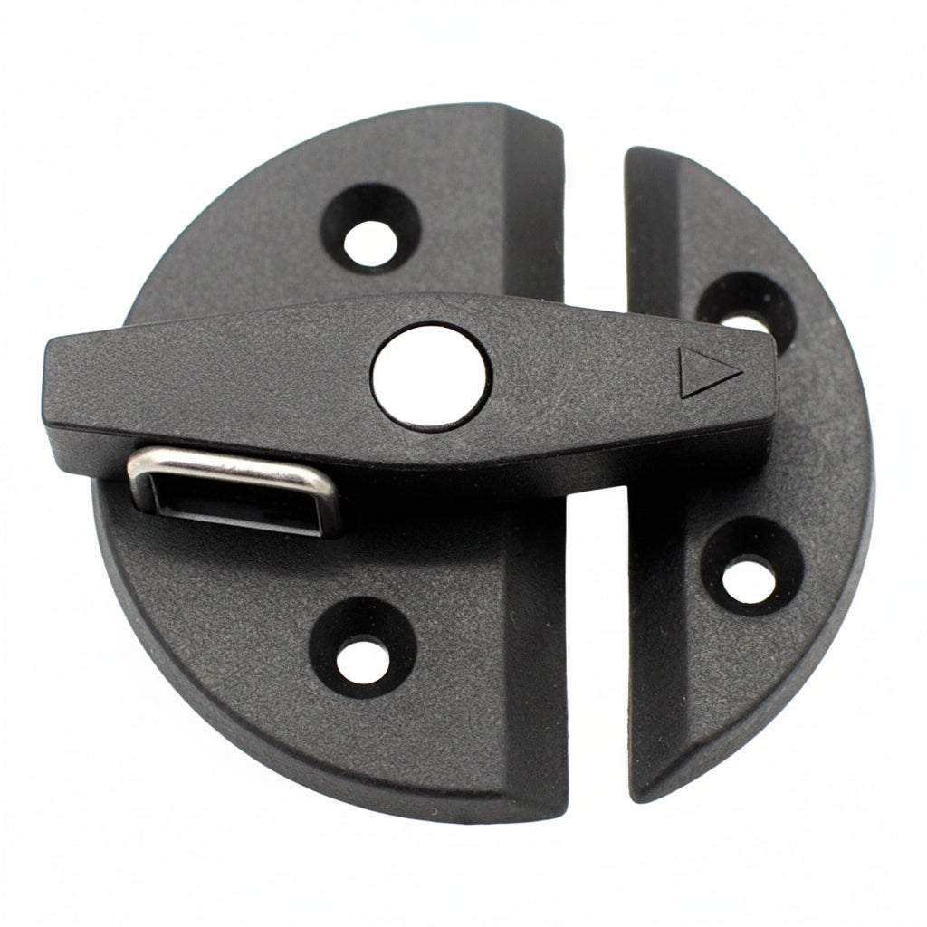 Front view of 59mm black nylon twist latch cabinet lock for campervan cupboards and storage cabinets