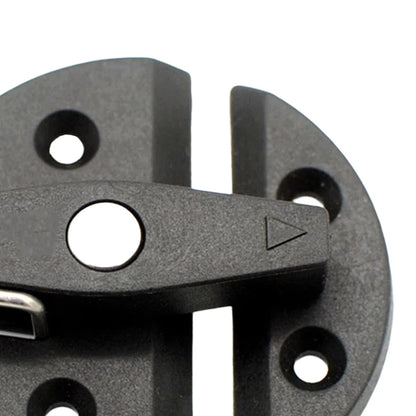 Installation view of 59mm black nylon twist latch cabinet lock suitable for campervan, caravan, RV, and marine cabinets