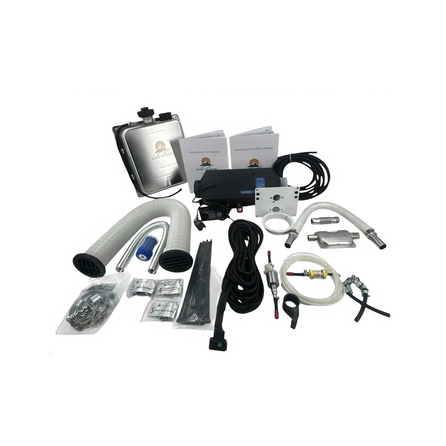 Born to Roam 5kW Bluetooth diesel heater kit components and 9.5L tank