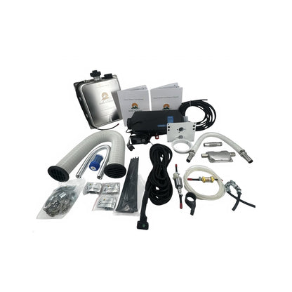 Born to Roam 5kW Bluetooth diesel heater kit components and 9.5L tank