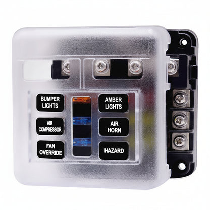 6 way fuse box with clear protective cover and labels