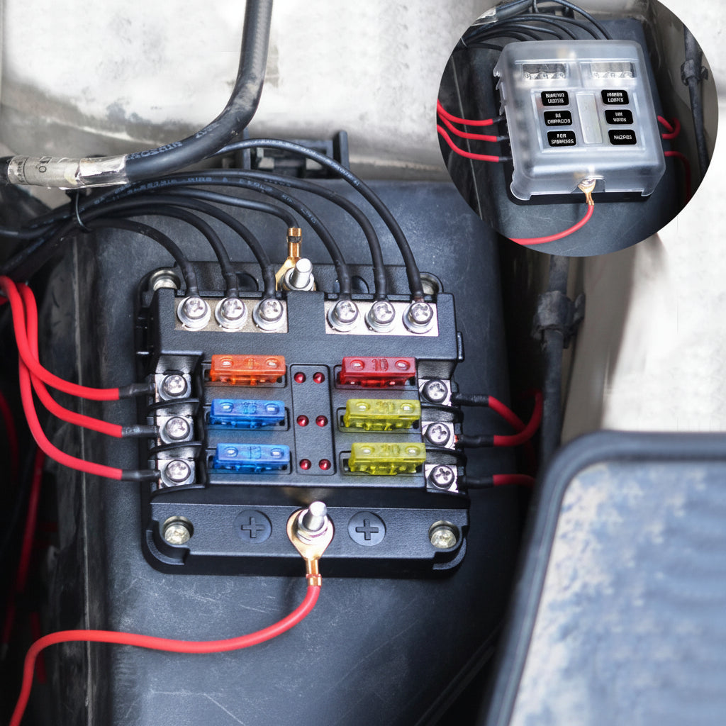 6 way fuse box installed in a campervan electrical system