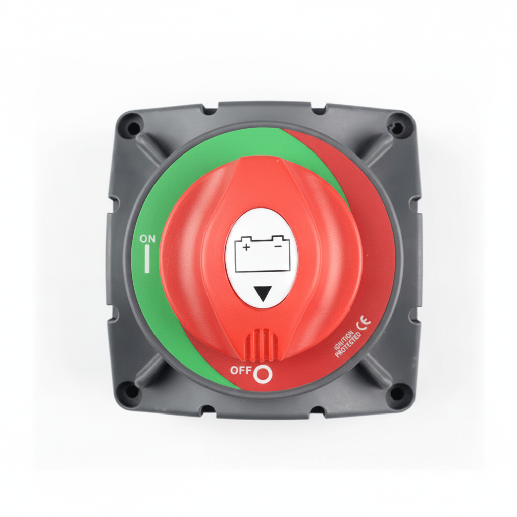 Top view of 600A battery disconnect switch showing rotary isolation control and on off positions

