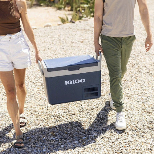 Two people carrying an Igloo ICF18 Portable Fridge/Freezer while enjoying outdoor activities.