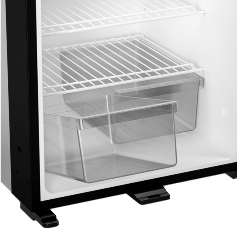 Interior view of the Dometic NRX 50C fridge with shelves and clear storage bins.