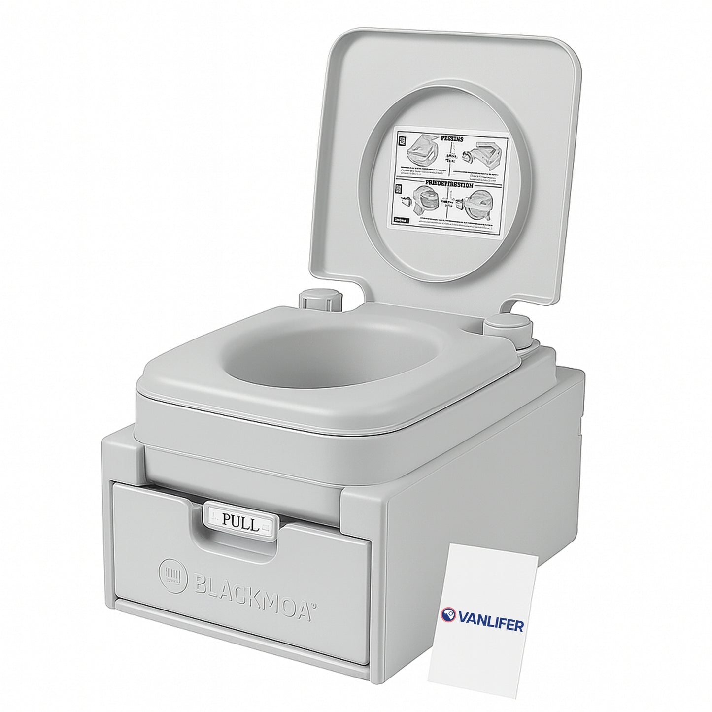 Portable toilet with lid open on a white background, featuring Blackmoor branding.
