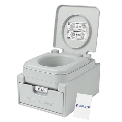 Portable toilet with lid open on a white background, featuring Blackmoor branding.