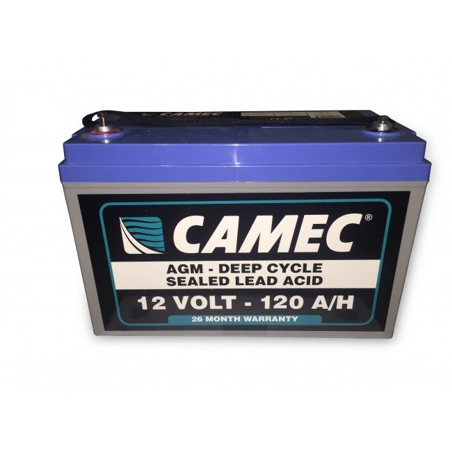Camec battery with blue top and black label on a white background