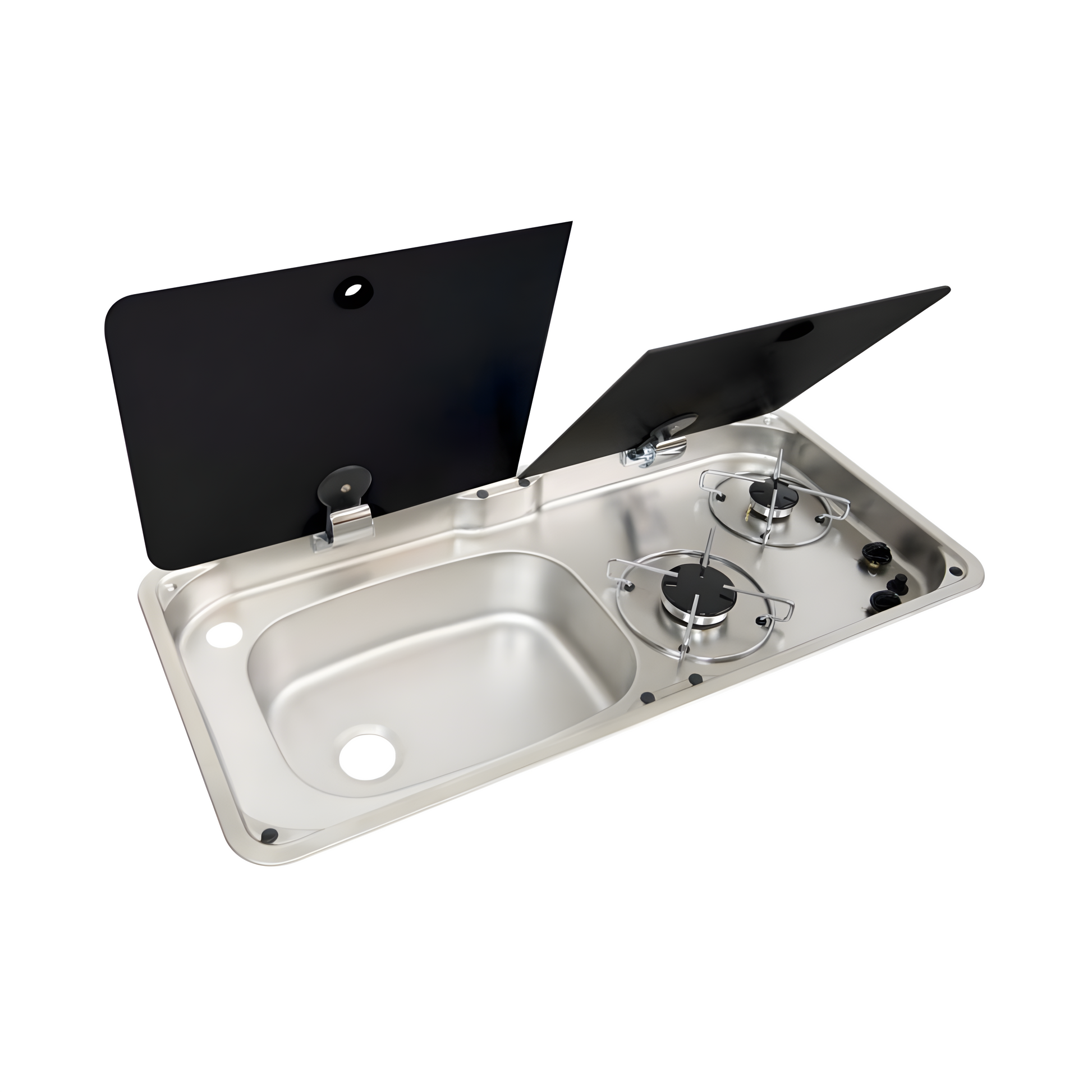 Stainless steel sink with gas burners on a white background