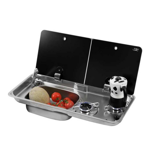 Portable camping stove with cooktop and storage compartment on a white background
