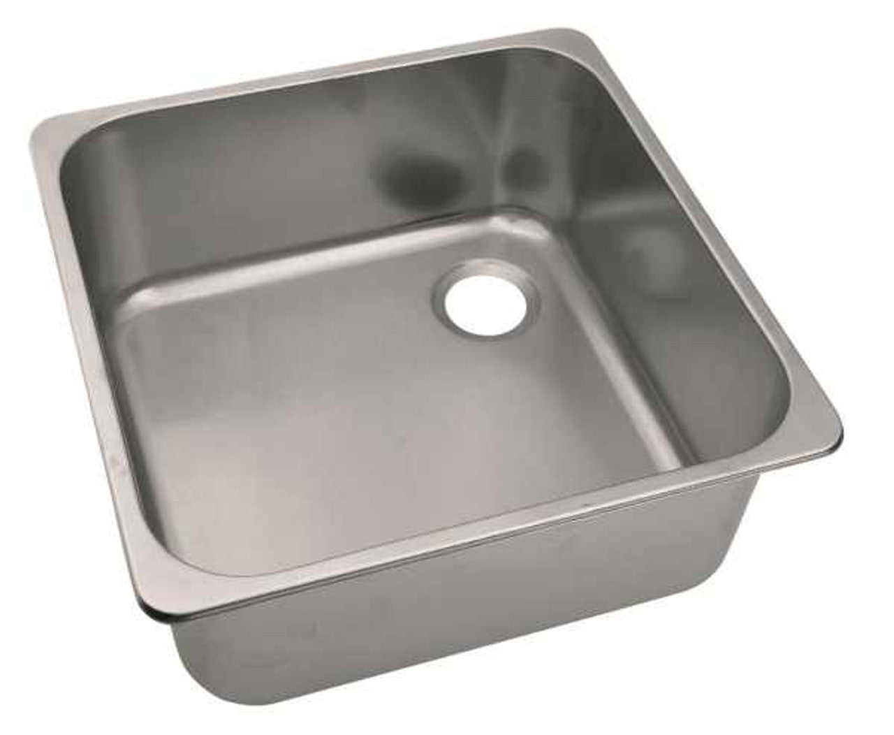 A square semi-polished stainless steel sink with a top mounted installation.