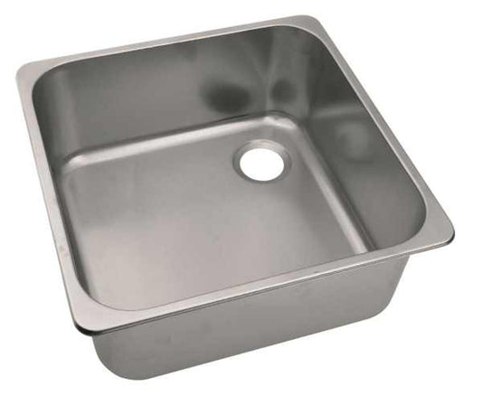 A square semi-polished stainless steel sink with a top mounted installation.
